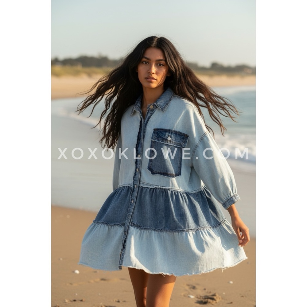 POL Denim Button Front Collared Dress | Tiered Ruffle Long Sleeve